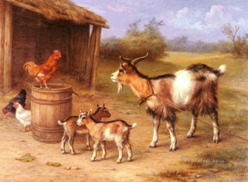 Una escena de corral con cabras y gallinas animales de granja Edgar Hunt Pinturas al óleo